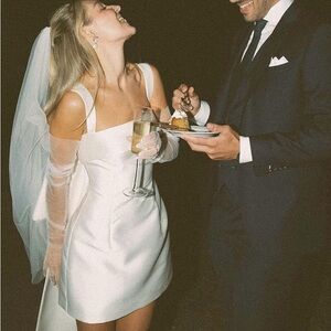 Square Neck White Satin Short Wedding Dress with Bow Back - US2